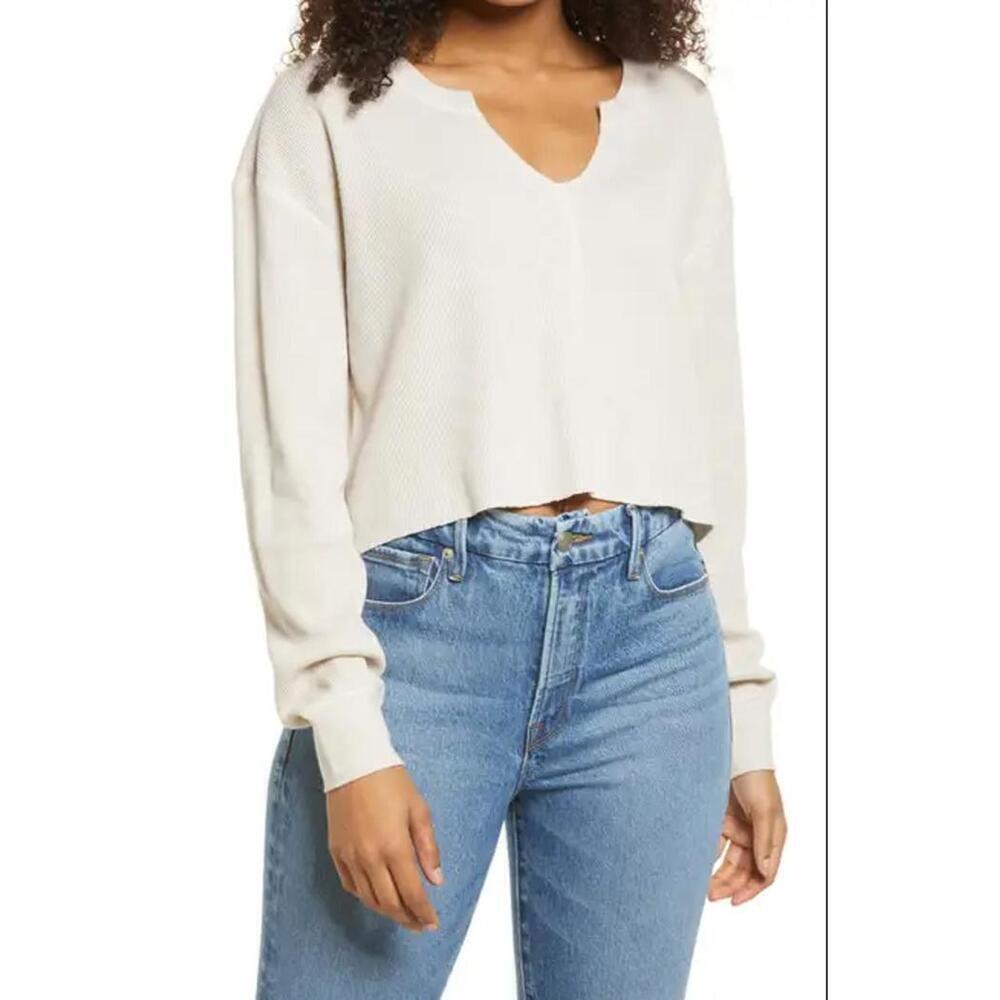 EUC BP Split Neck Thermal Crop Top Womens BEIGE OATMEAL LIGHT HEATHER - XL